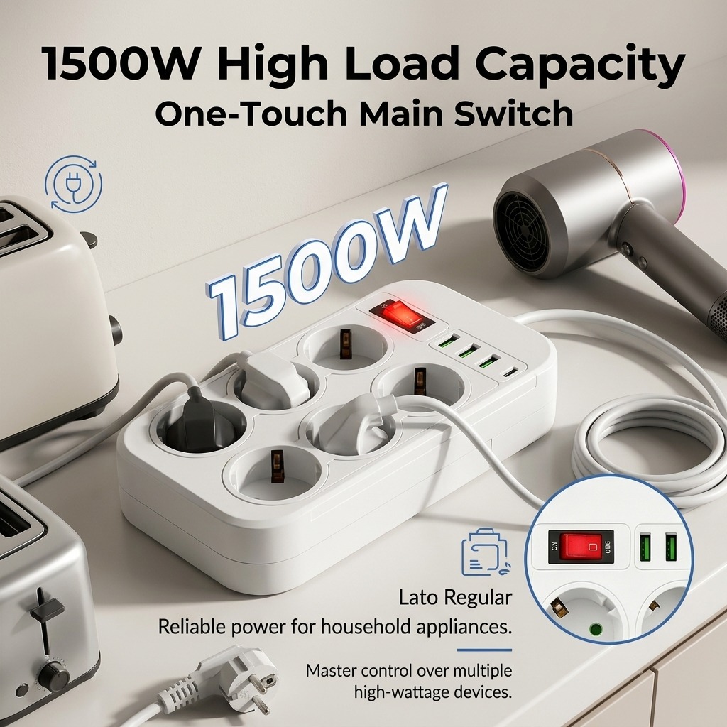 1500W EU Power Strip 6 AC Outl - Office Technician ulasan dan harga